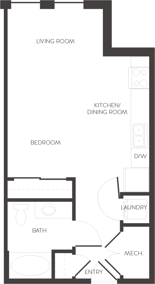 Floor plan for studio, 1 bath, 542 sqft